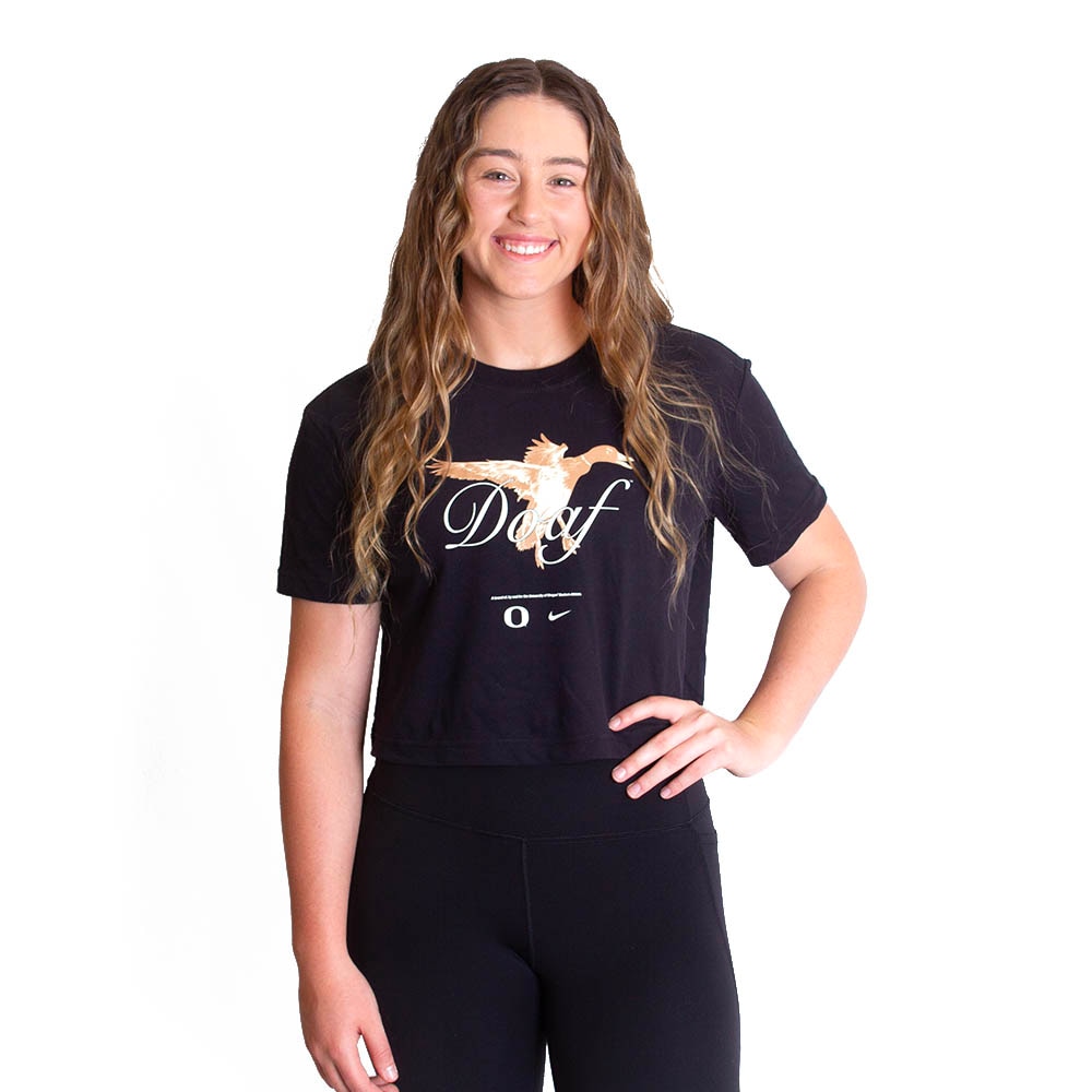 Classic Oregon O, Nike, Black, Crop Top, Performance/Dri-FIT, Women, Ducks of a Feather, Boxy, Flying Duck, T-Shirt, 799612